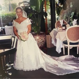 Satin and lace white wedding dress